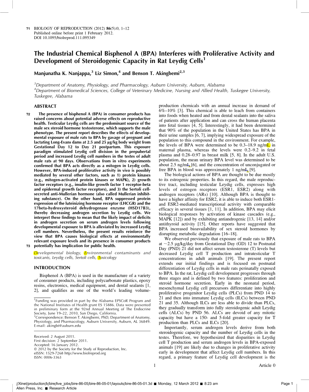 The Industrial Chemical Bisphenol a (BPA) Interferes with Proliferative Activity and Development of Steroidogenic Capacity in Rat Leydig Cells1