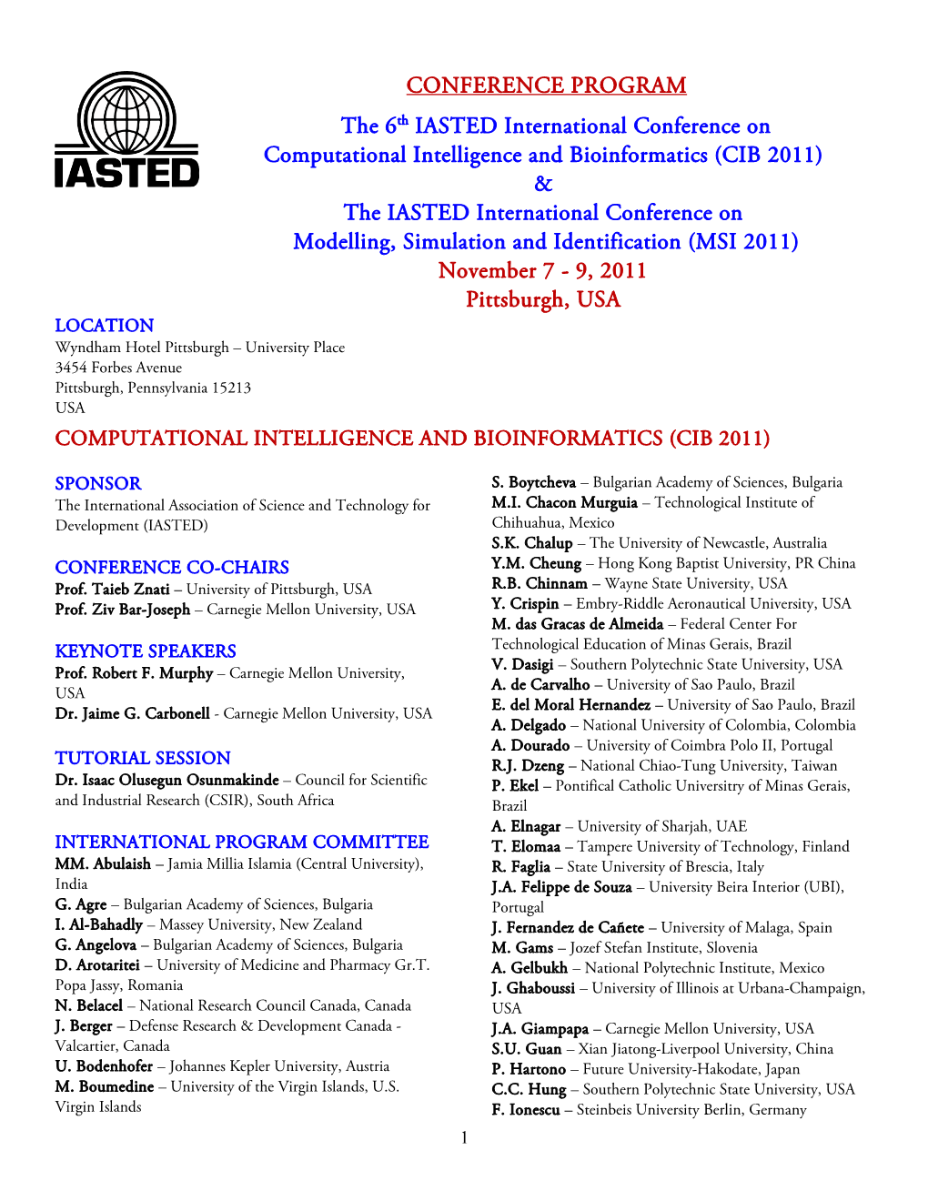 CONFERENCE PROGRAM the 6Th IASTED International Conference