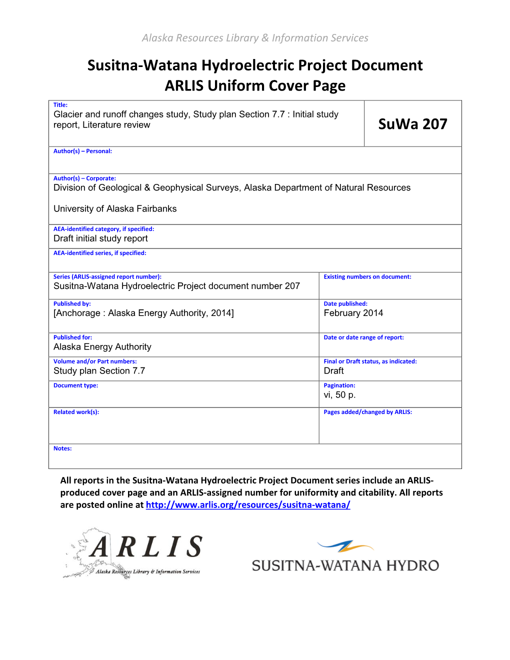 Susitna-Watana Hydroelectric Project Document ARLIS Uniform Cover