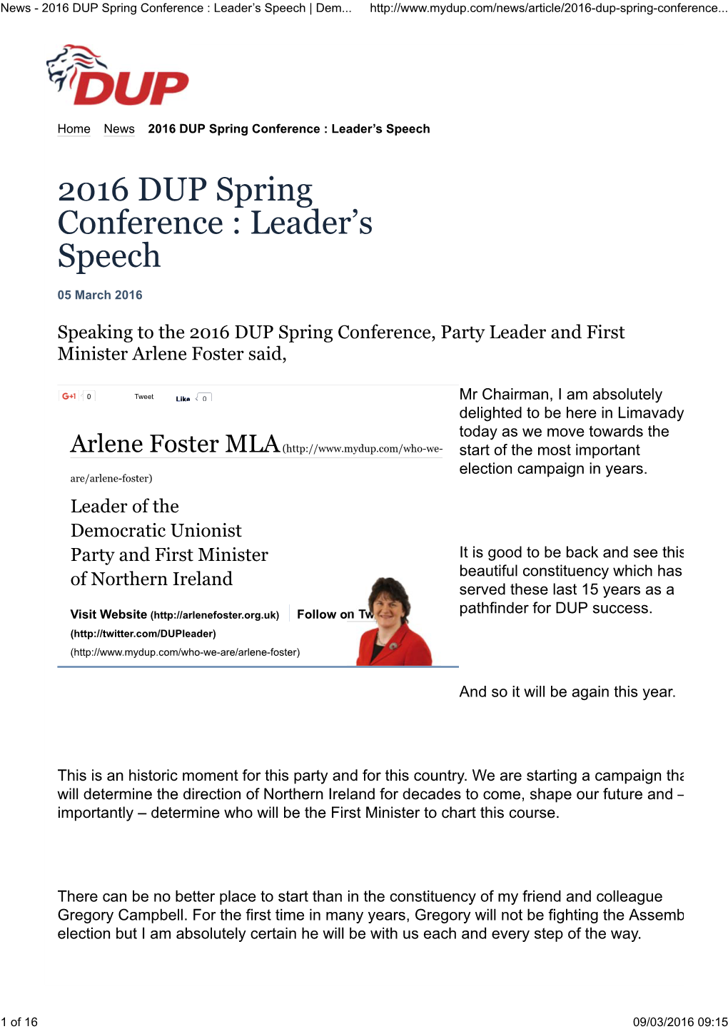 2016 DUP Spring Conference: Leader's Speech