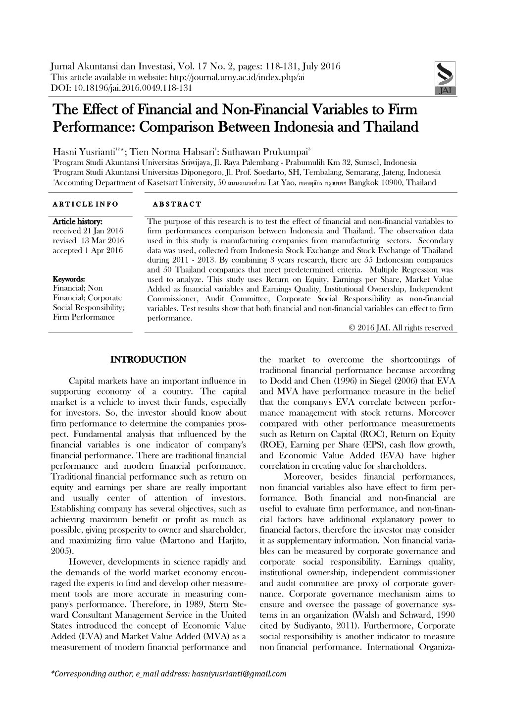 The Effect of Financial and Non-Financial Variables to Firm Performance: Comparison Between Indonesia and Thailand