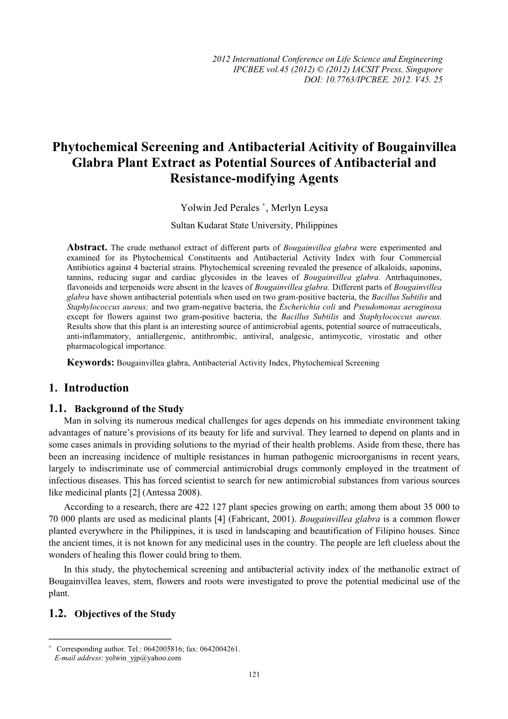 Phytochemical Screening and Antibacterial Acitivity of Bougainvillea Glabra Plant Extract As Potential Sources of Antibacterial and Resistance-Modifying Agents