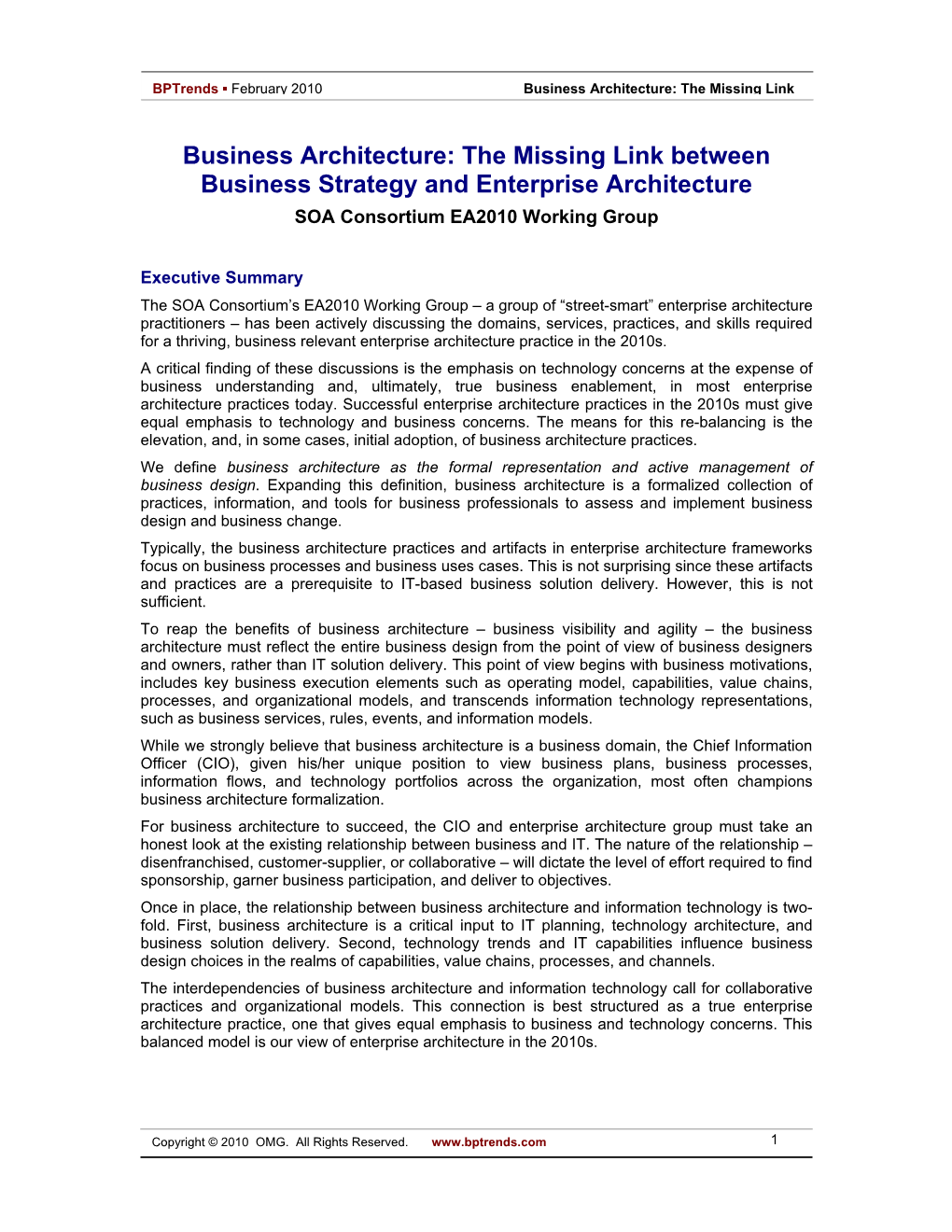 The Missing Link Between Business Strategy and Enterprise Architecture SOA Consortium EA2010 Working Group