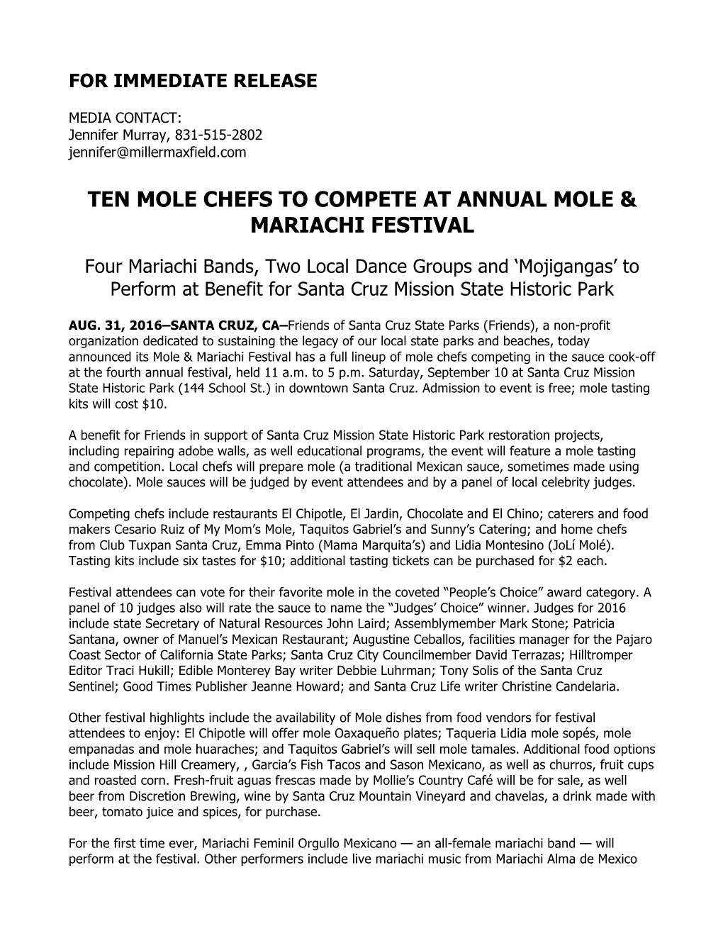 Ten Mole Chefs to Compete at Mole & Mariachi Festival