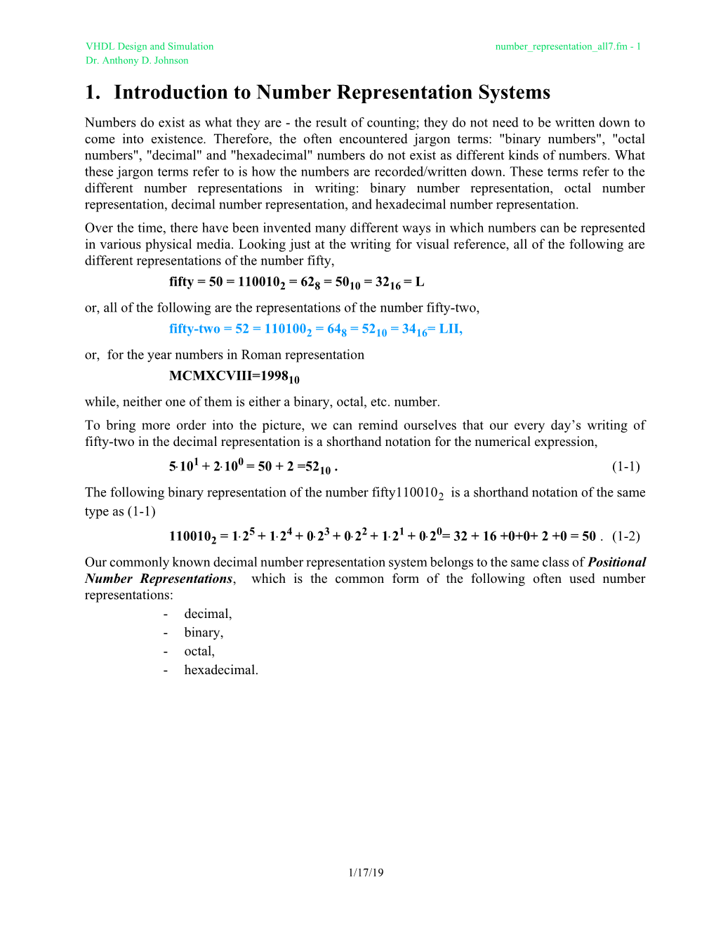 1. Introduction to Number Representation Systems