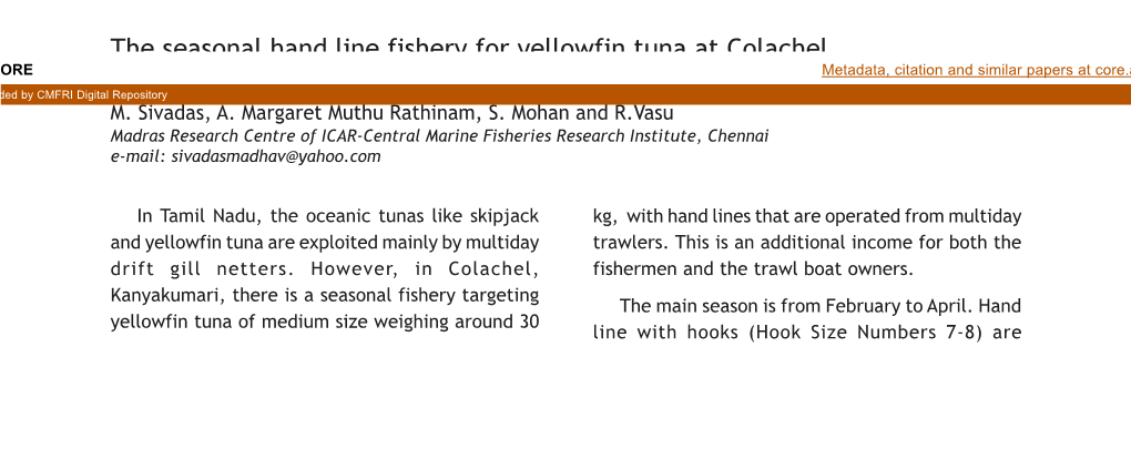 The Seasonal Hand Line Fishery for Yellowfin Tuna at Colachel CORE Metadata, Citation and Similar Papers at Core.Ac.Uk