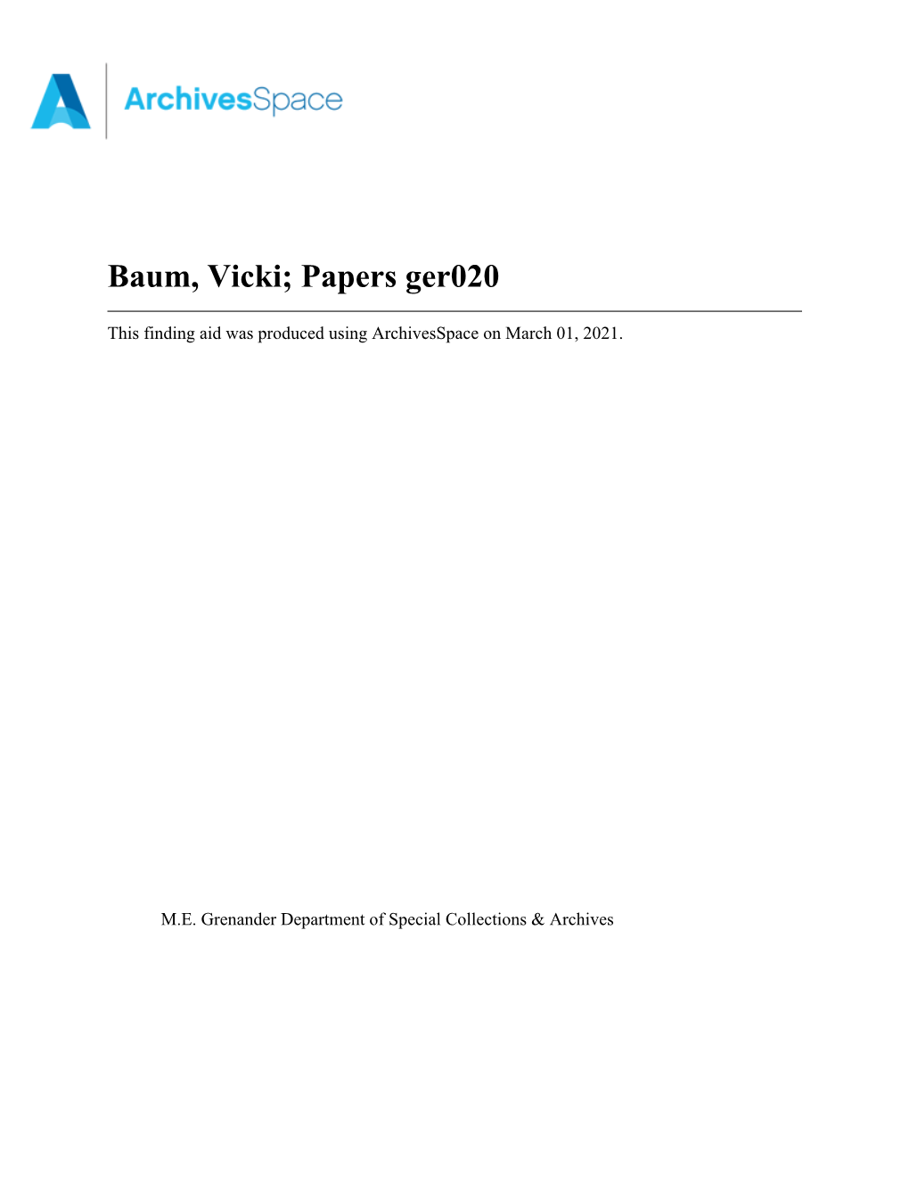 Baum, Vicki; Papers Ger020