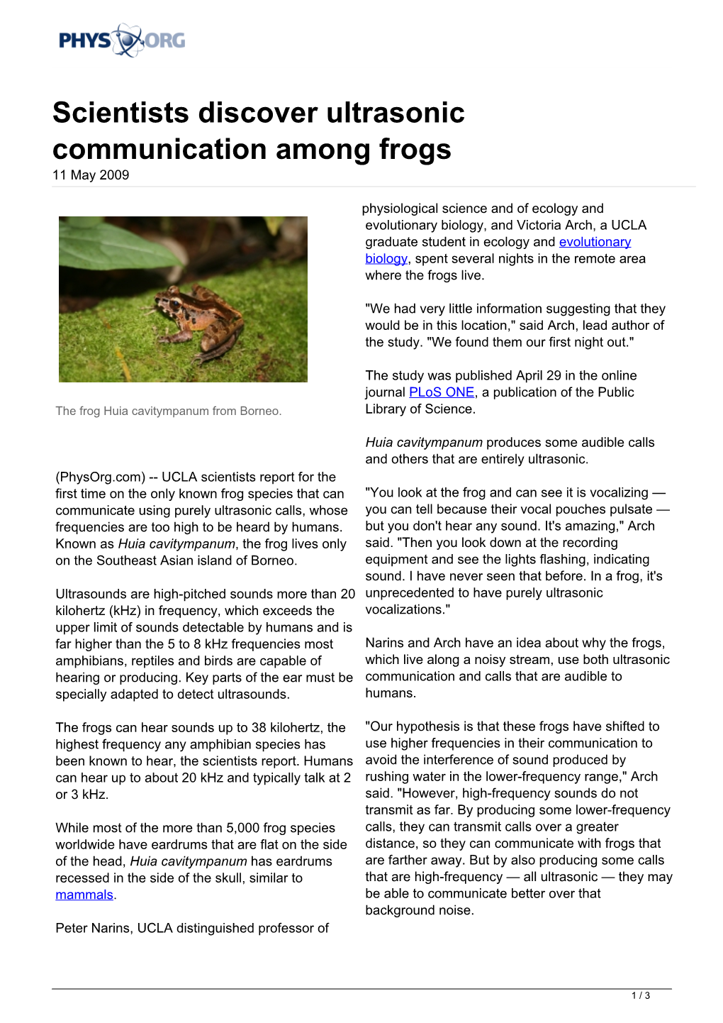 Scientists Discover Ultrasonic Communication Among Frogs 11 May 2009