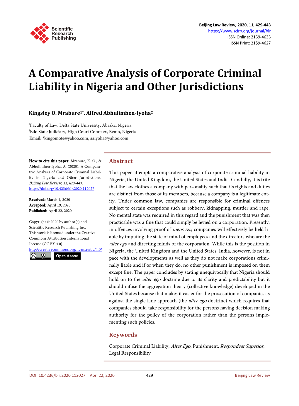 A Comparative Analysis of Corporate Criminal Liability in Nigeria and Other Jurisdictions