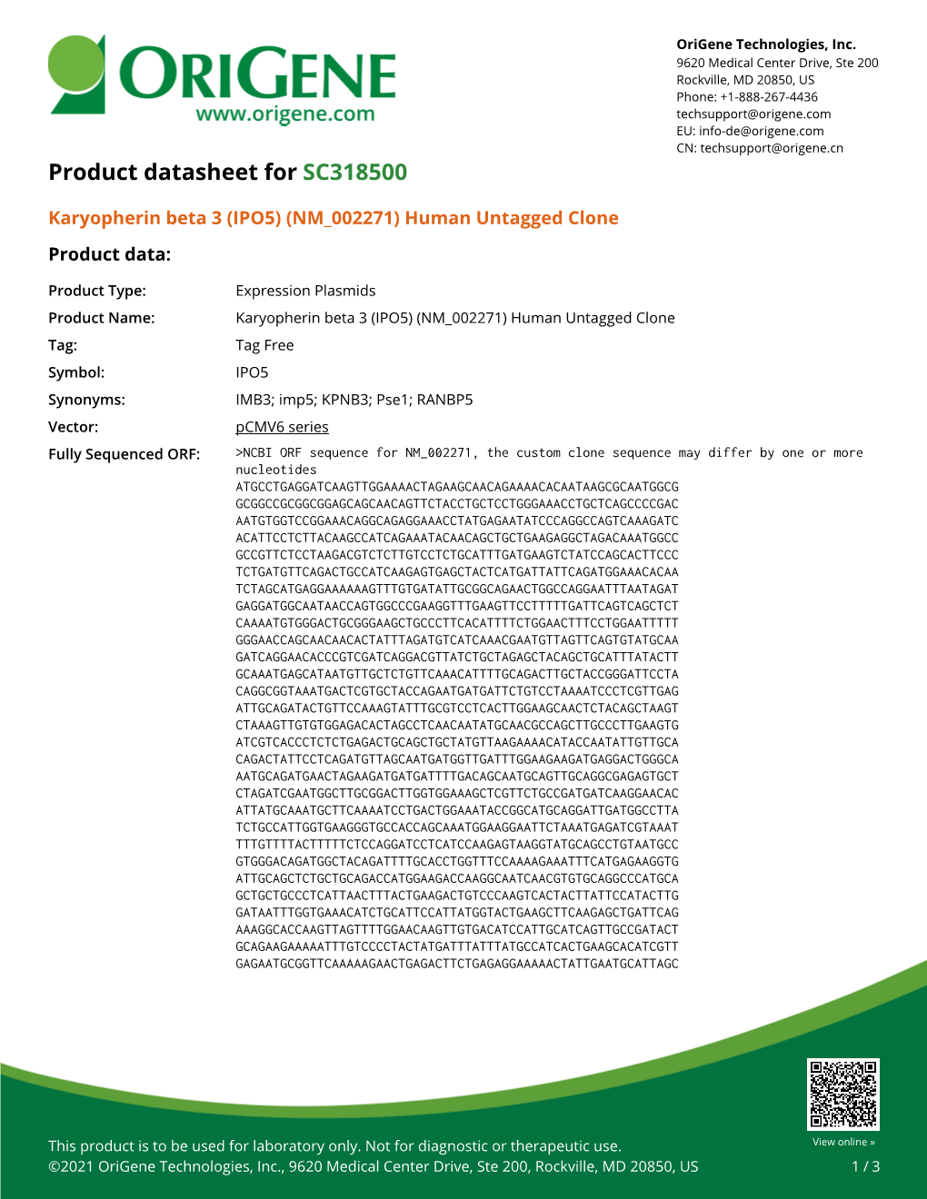 (IPO5) (NM 002271) Human Untagged Clone Product Data