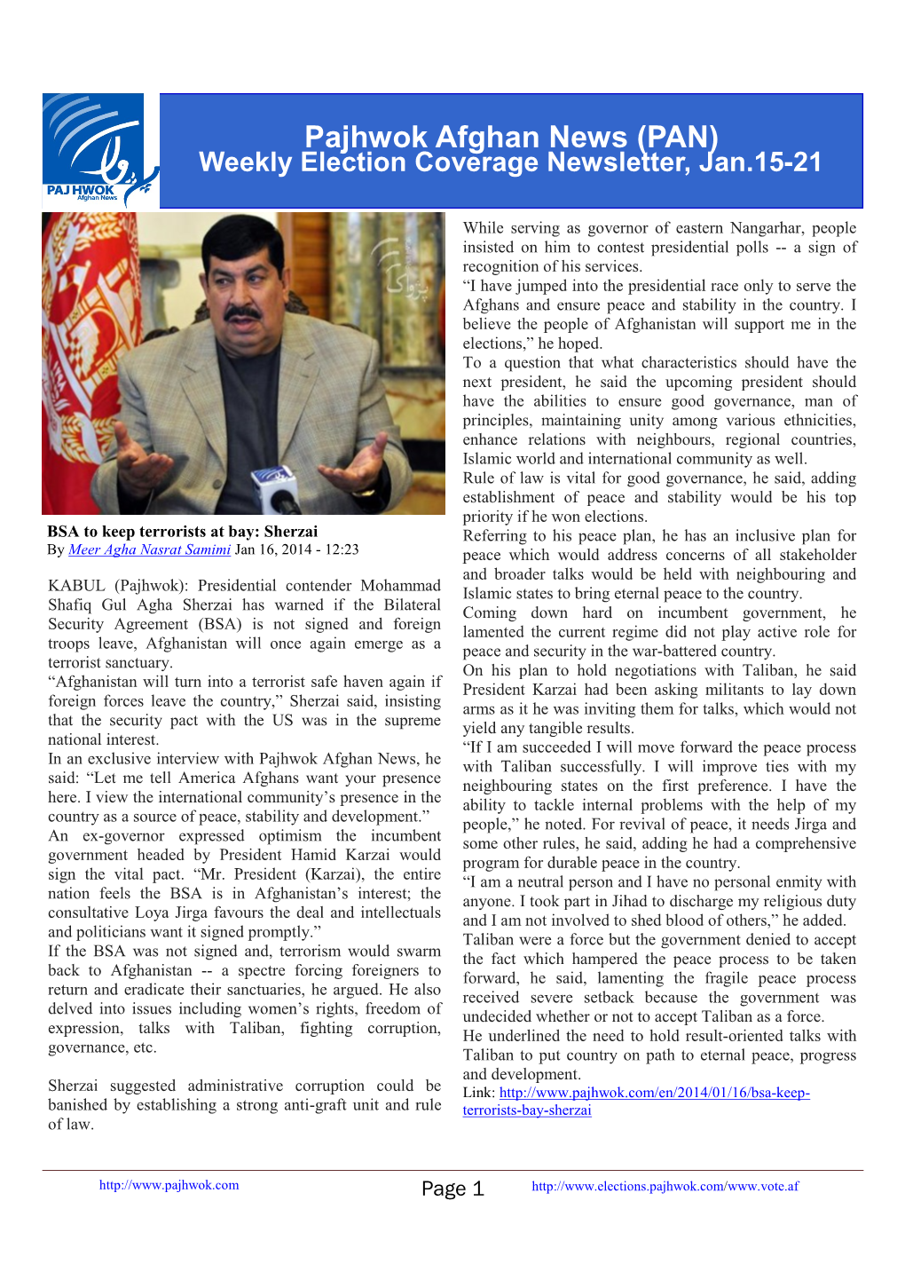 Pajhwok Afghan News (PAN) Weekly Election Coverage Newsletter, Jan.15-21