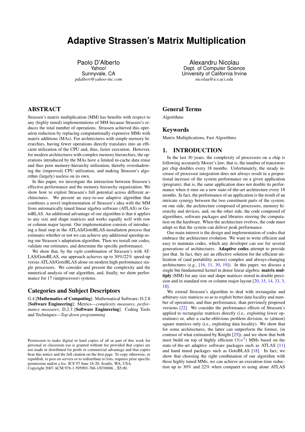 Adaptive Strassen's Matrix Multiplication