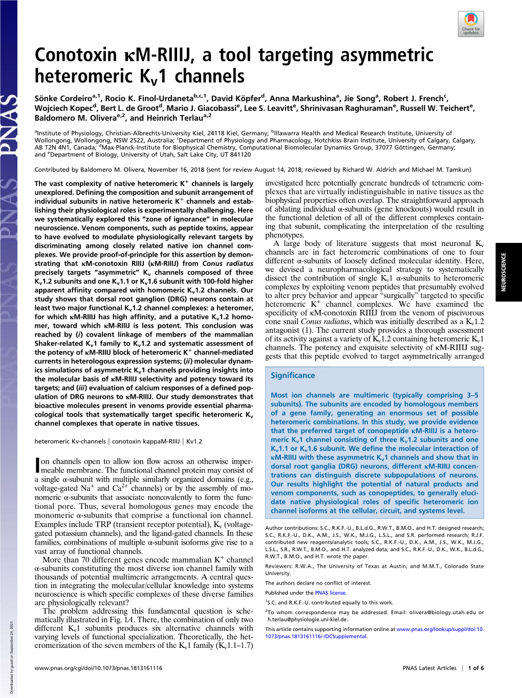 Conotoxin Κm-RIIIJ, a Tool Targeting Asymmetric Heteromeric Kv1 Channels Sönke Cordeiroa,1, Rocio K