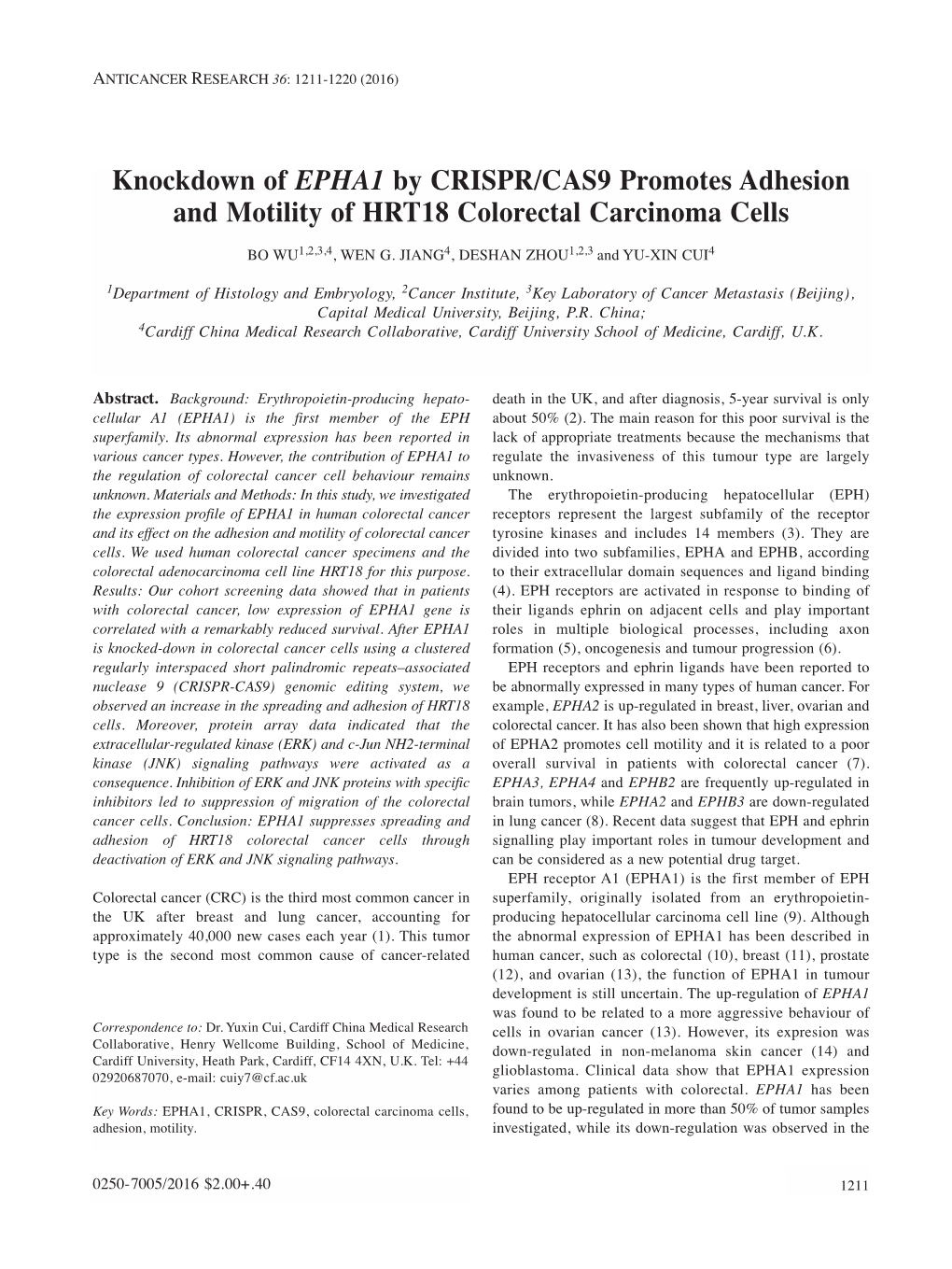 Knockdown of EPHA1 by CRISPR/CAS9 Promotes Adhesion and Motility of HRT18 Colorectal Carcinoma Cells