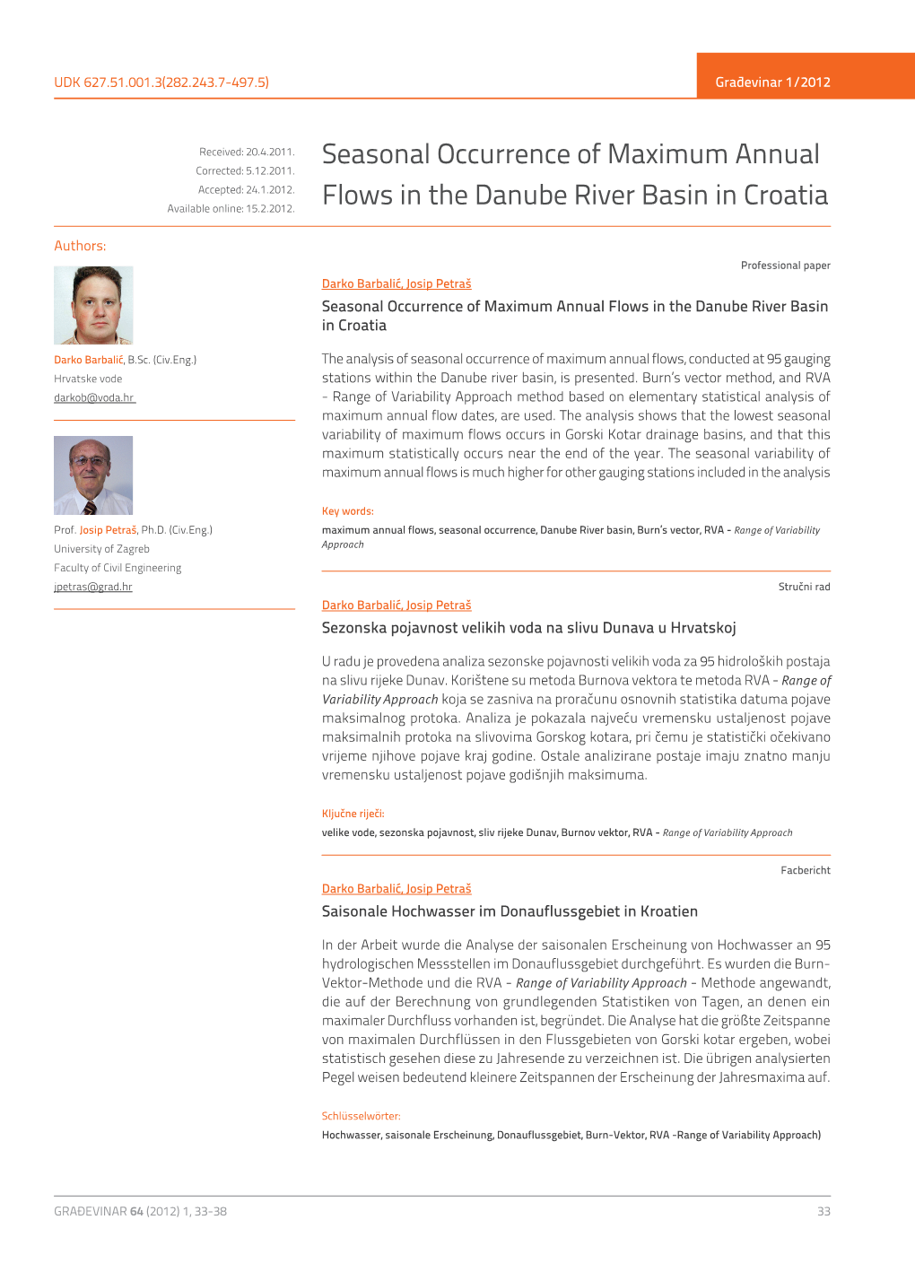 Seasonal Occurrence of Maximum Annual Flows in the Danube River Basin in Croatia