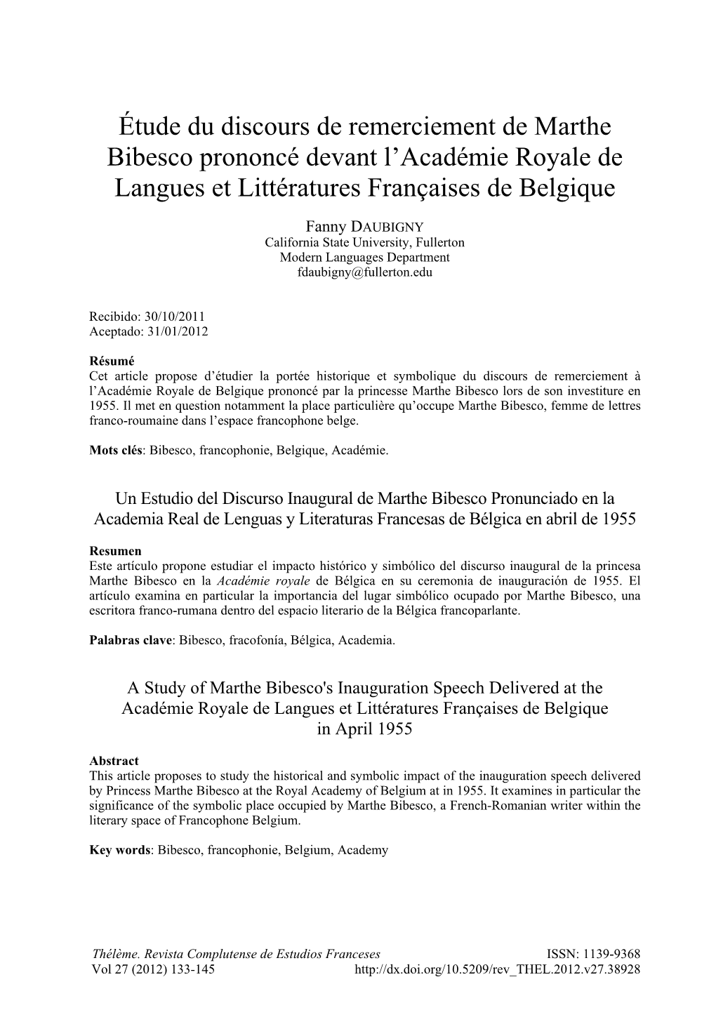 Étude Du Discours De Remerciement De Marthe Bibesco Prononcé Devant L'académie Royale De Langues Et Littératures Français