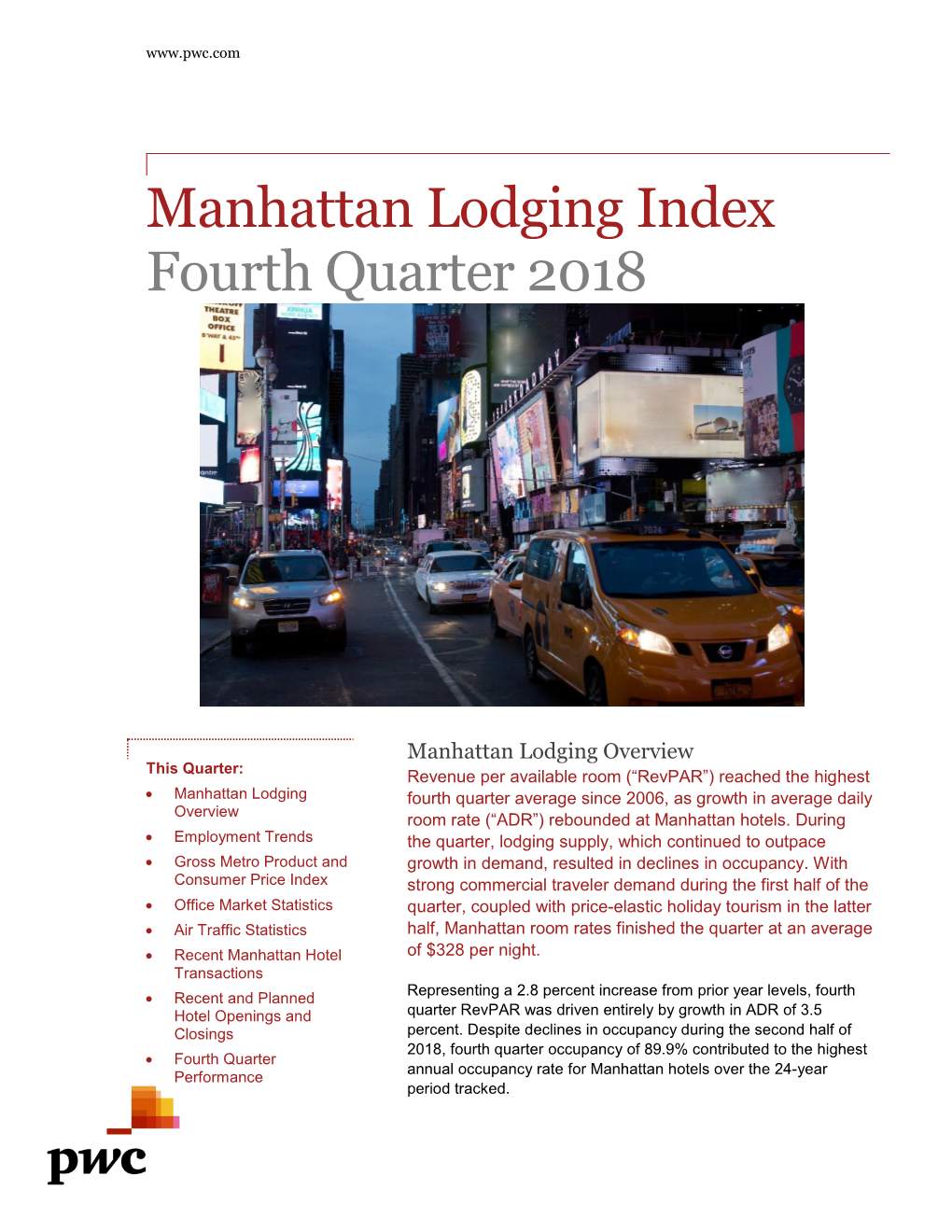 Manhattan Lodging Index Fourth Quarter 2018