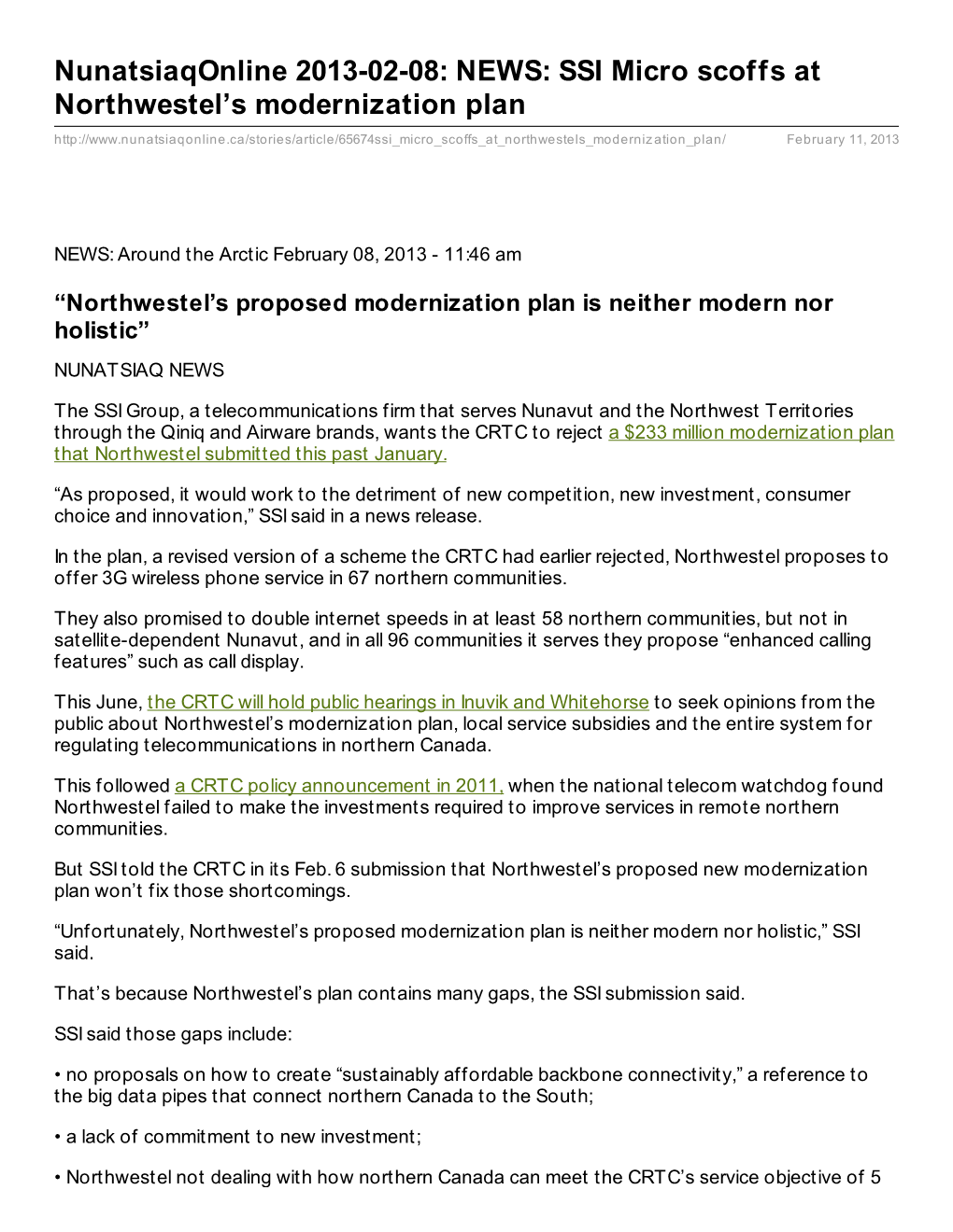 NEWS: SSI Micro Scoffs at Northwestel's Modernization Plan