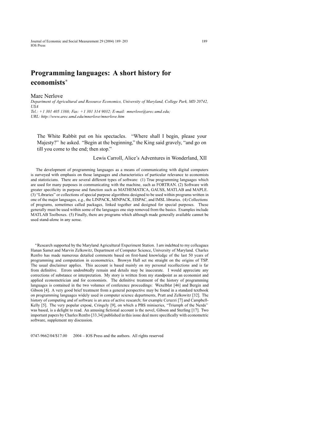 Programming Languages: a Short History for Economists∗