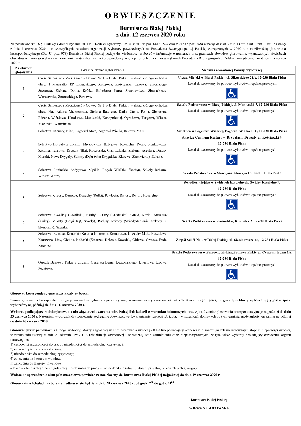 OBWIESZCZENIE Burmistrza Białej Piskiej Z Dnia 12 Czerwca 2020 Roku
