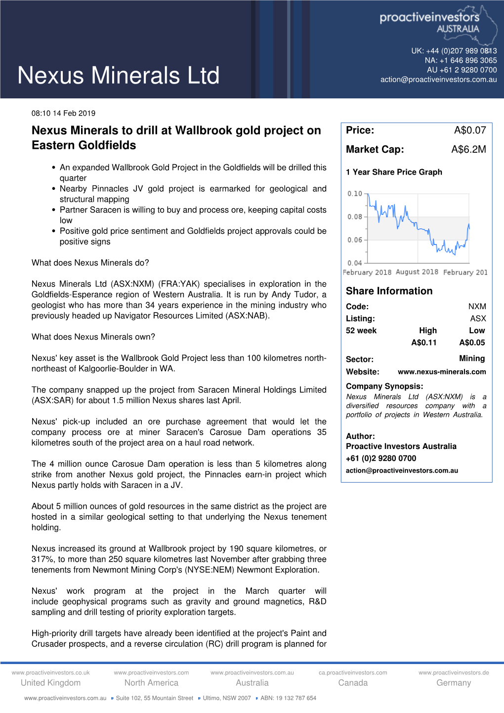 Nexus Minerals to Drill at Wallbrook Gold Project on Eastern Goldfields