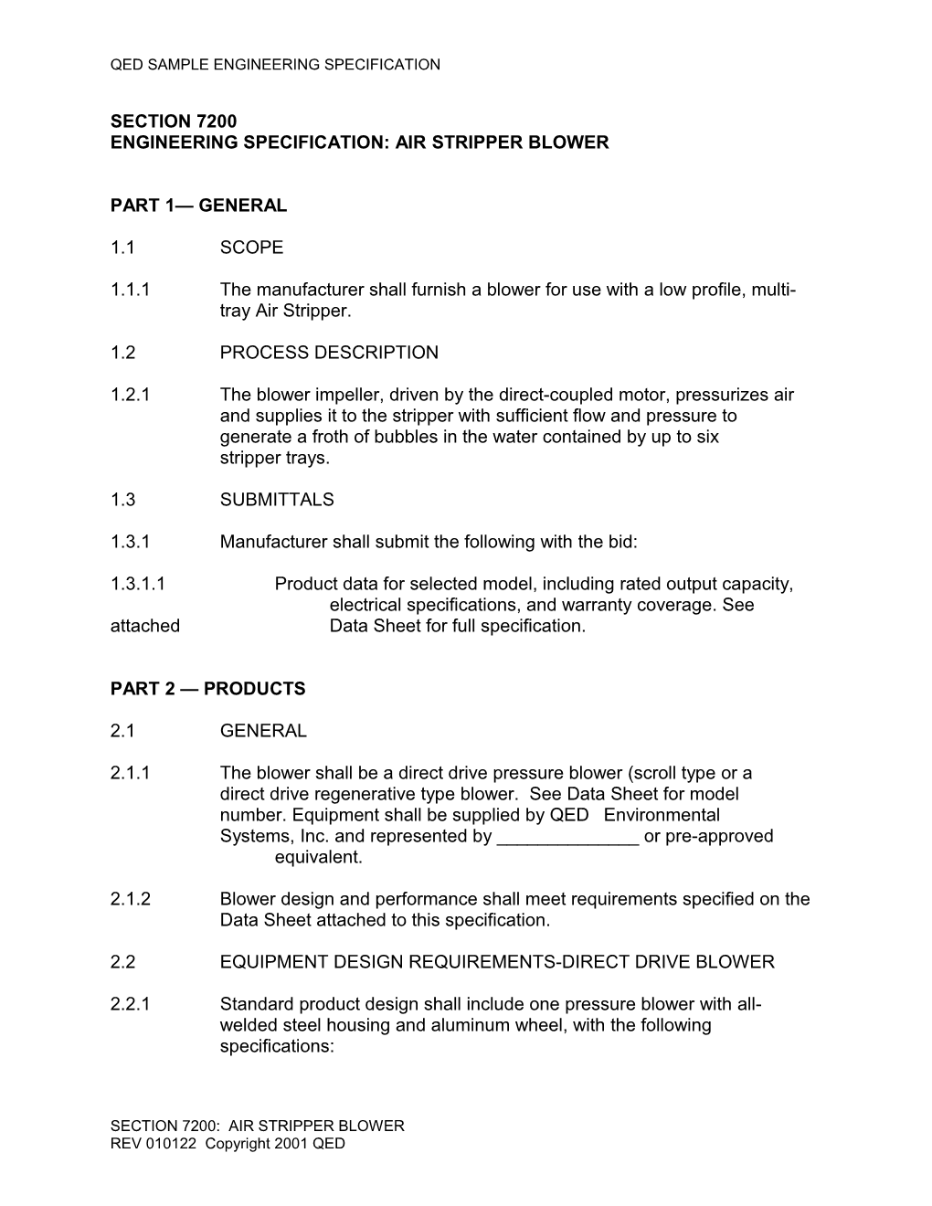 Engineering Specification: Air Stripper Blower