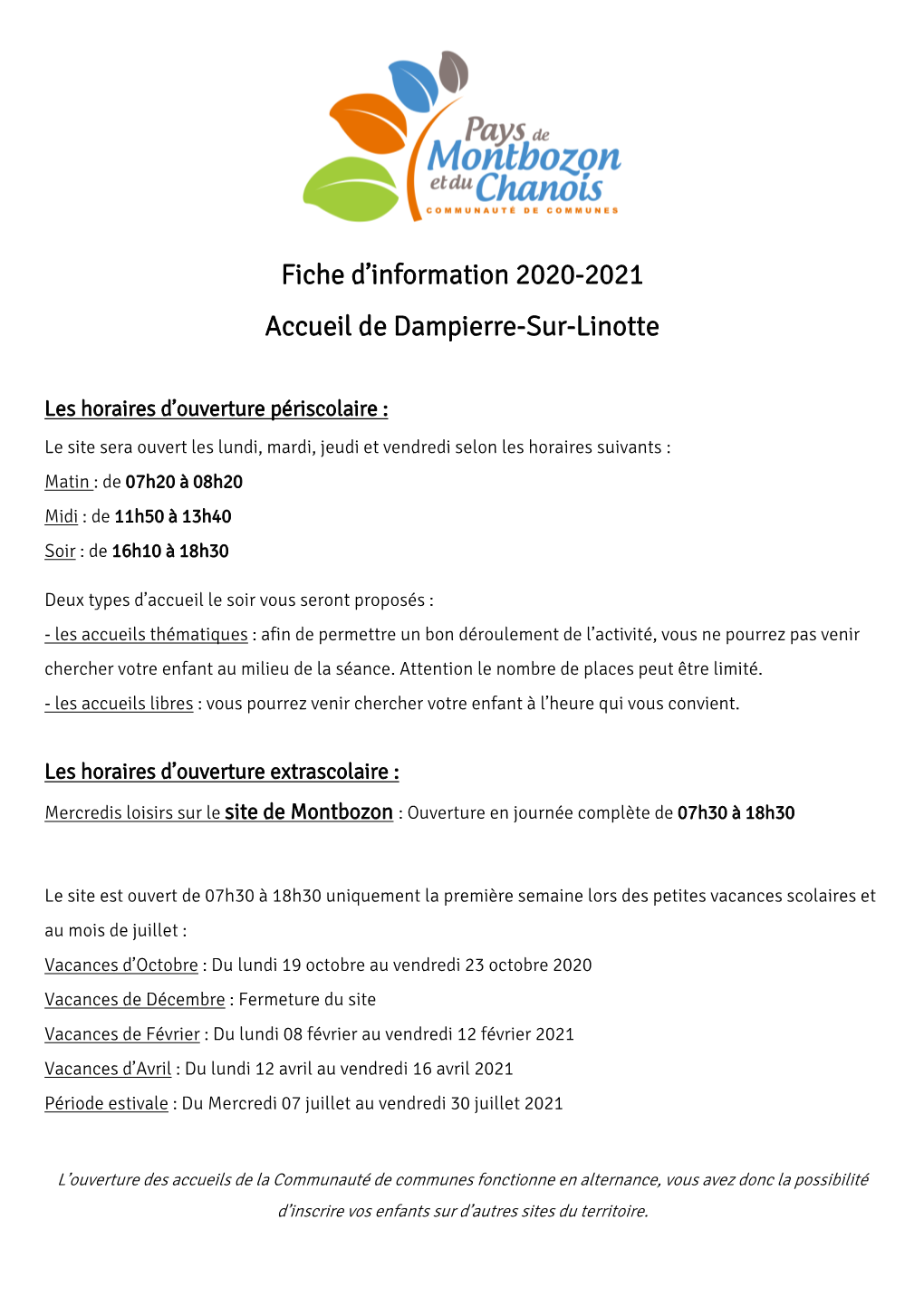 Fiche D'information 2020-2021 Accueil De Dampierre-Sur-Linotte