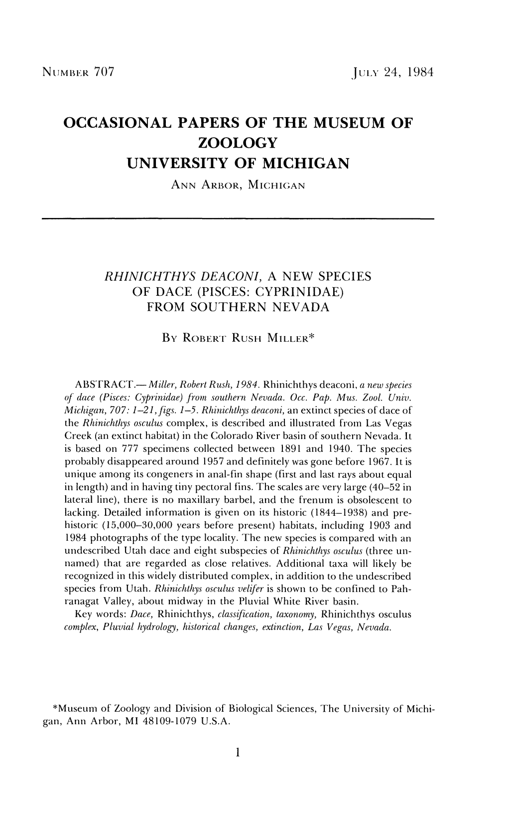 Occasional Papers of the Museum of Zoology University of Michigan Annakbcik, Michigan