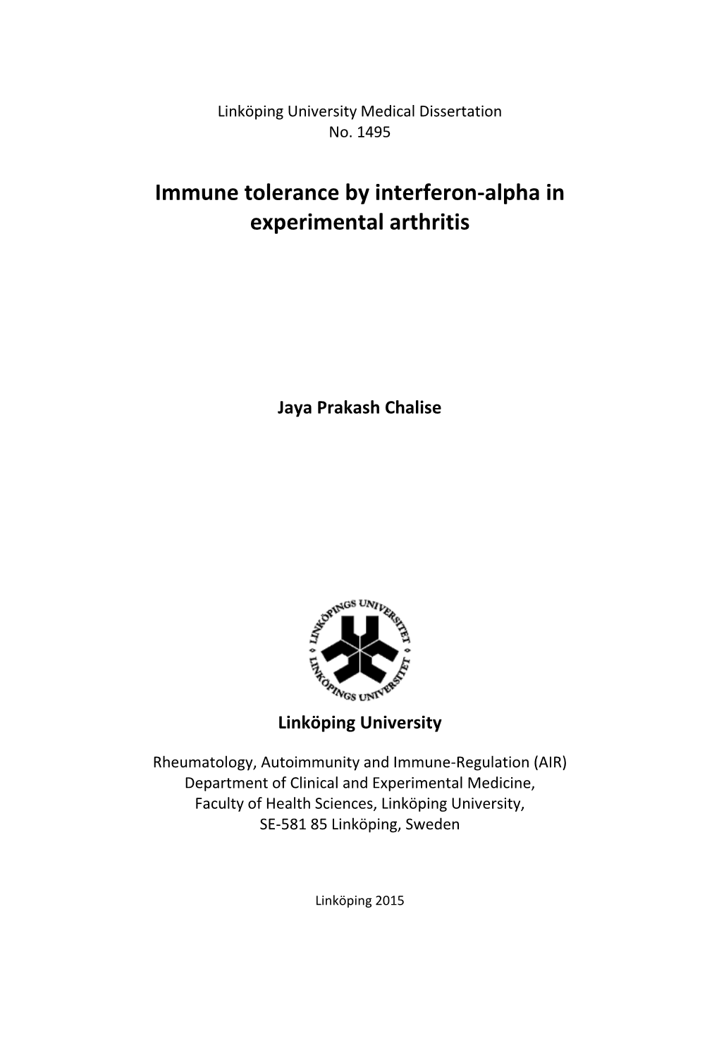 Immune Tolerance by Interferon-Alpha in Experimental Arthritis