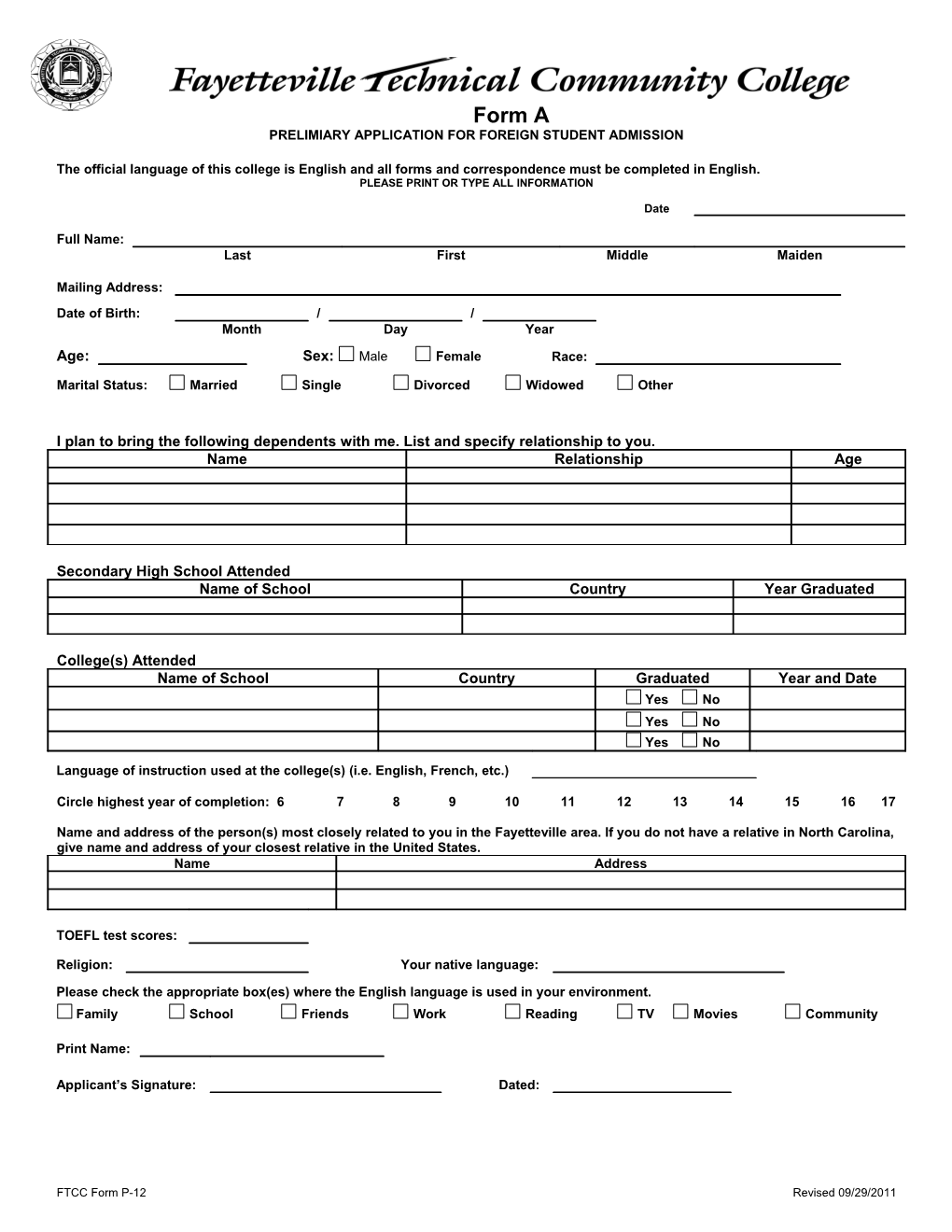 Prelimiary Application for Foreign Student Admission