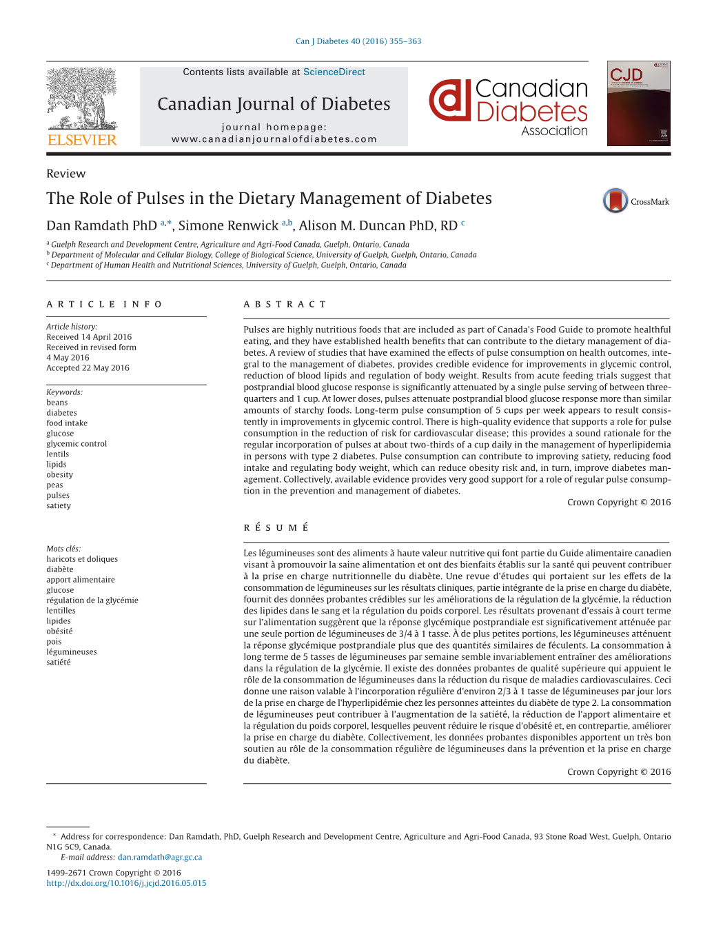 The Role of Pulses in the Dietary Management of Diabetes Dan Ramdath Phd A,*, Simone Renwick A,B, Alison M