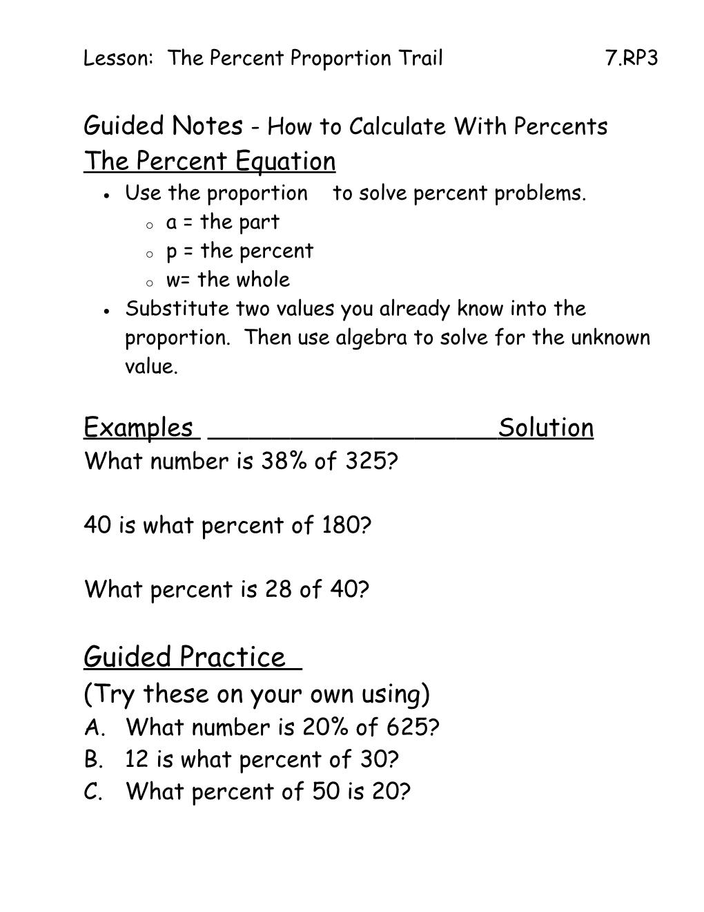 Lesson: the Percent Proportion Trail 7.RP3