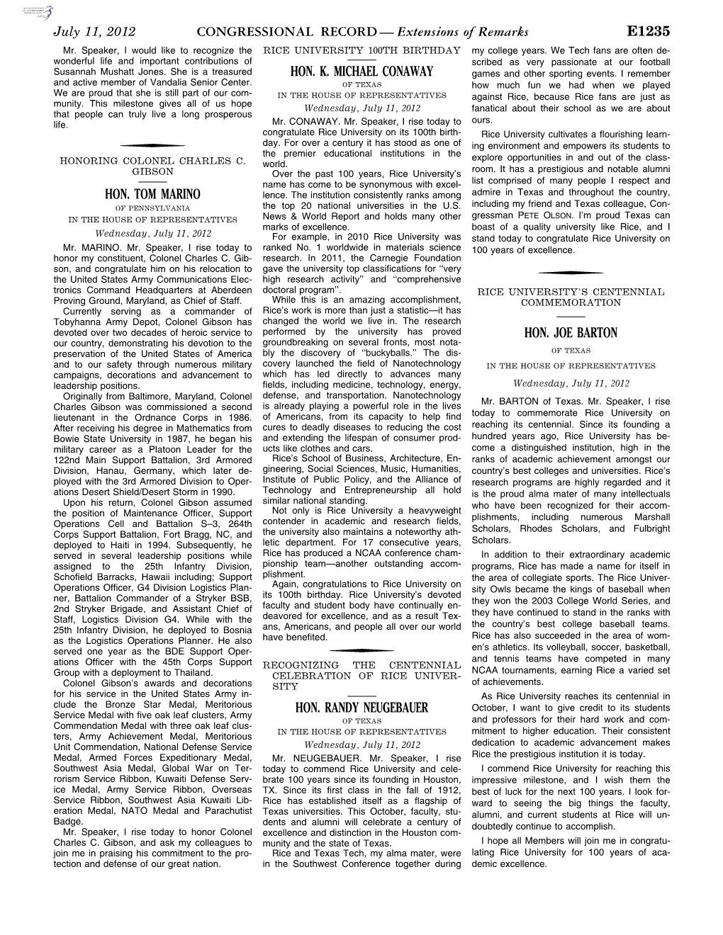 CONGRESSIONAL RECORD— Extensions of Remarks E1235 HON. TOM MARINO HON. K. MICHAEL CONAWAY HON. RANDY NEUGEBAUER HON. JOE BARTO