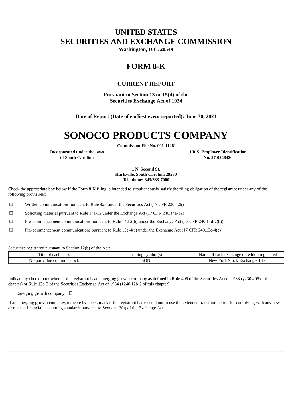 SONOCO PRODUCTS COMPANY Commission File No