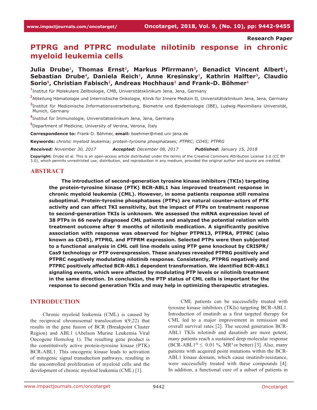 PTPRG and PTPRC Modulate Nilotinib Response in Chronic Myeloid Leukemia Cells