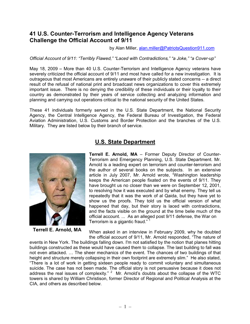 41 U.S. Counter-Terrorism and Intelligence Agency Veterans Challenge the Official Account of 9/11 by Alan Miller, Alan.Miller@Patriotsquestion911.Com