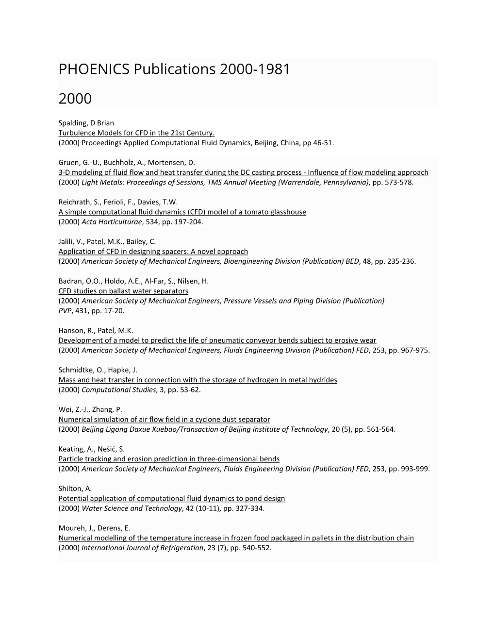 PHOENICS Publications 2000-1981 2000