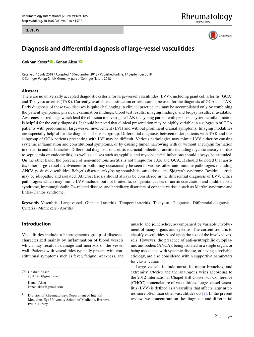 Diagnosis and Differential Diagnosis of Large-Vessel Vasculitides