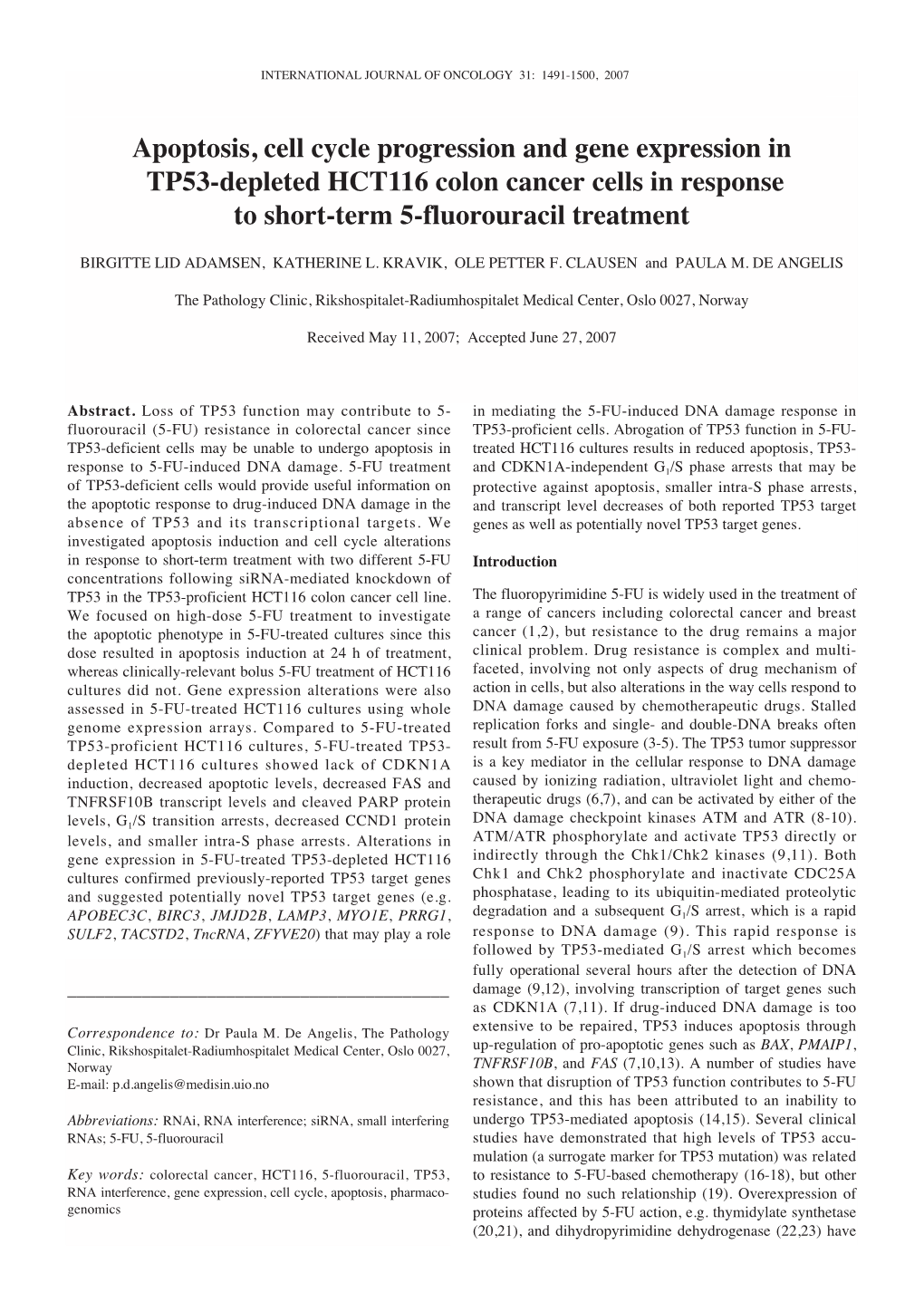 Apoptosis, Cell Cycle Progression and Gene Expression in TP53-Depleted HCT116 Colon Cancer Cells in Response to Short-Term 5-Fluorouracil Treatment