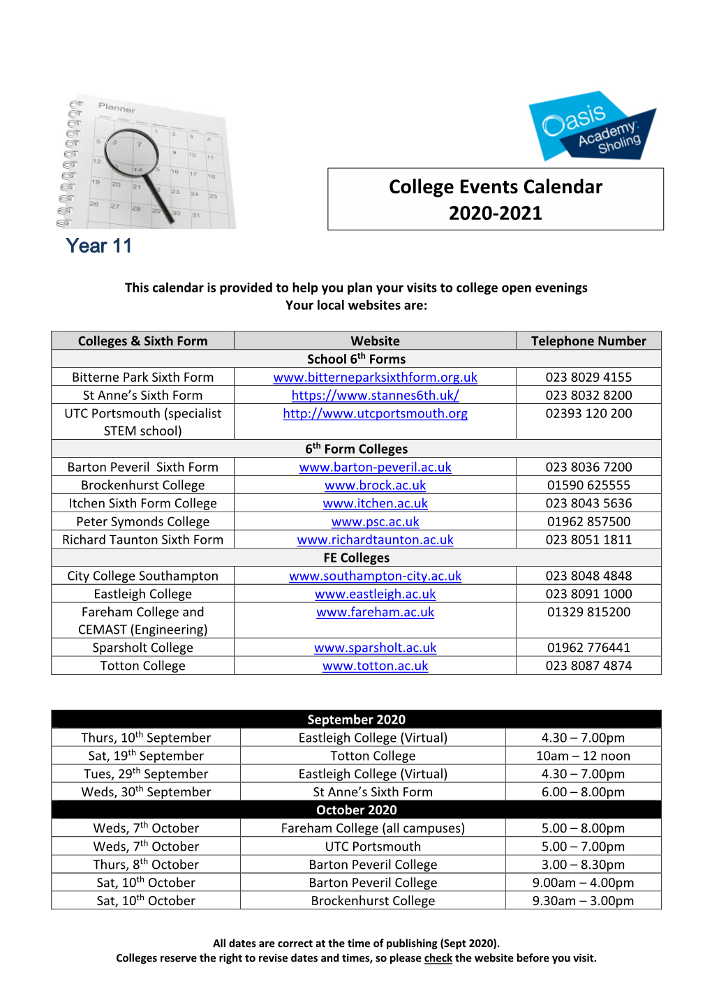 OA Sholing College Events Calendar 2020/21