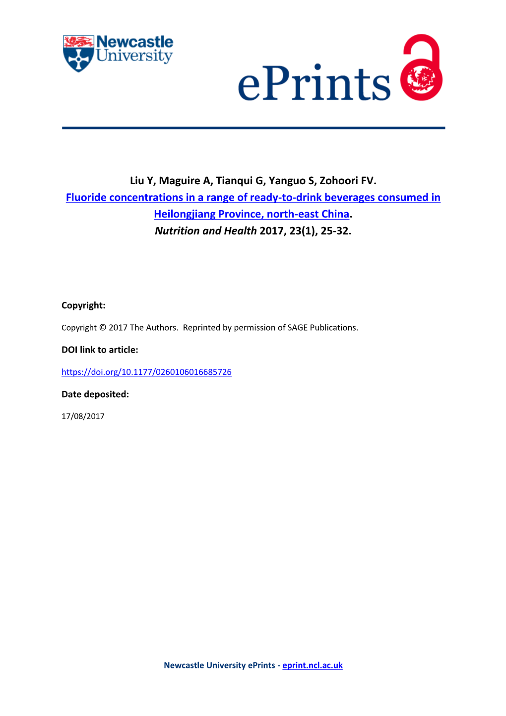 Fluoride Concentrations in a Range of Ready-To-Drink Beverages Consumed in Heilongjiang Province, North-East China