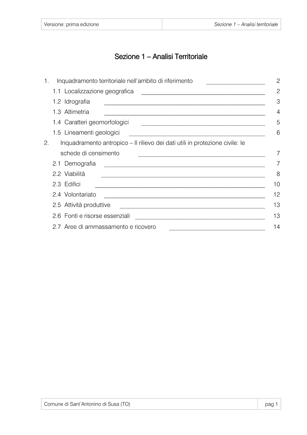 Sezione 1 – Analisi Territoriale