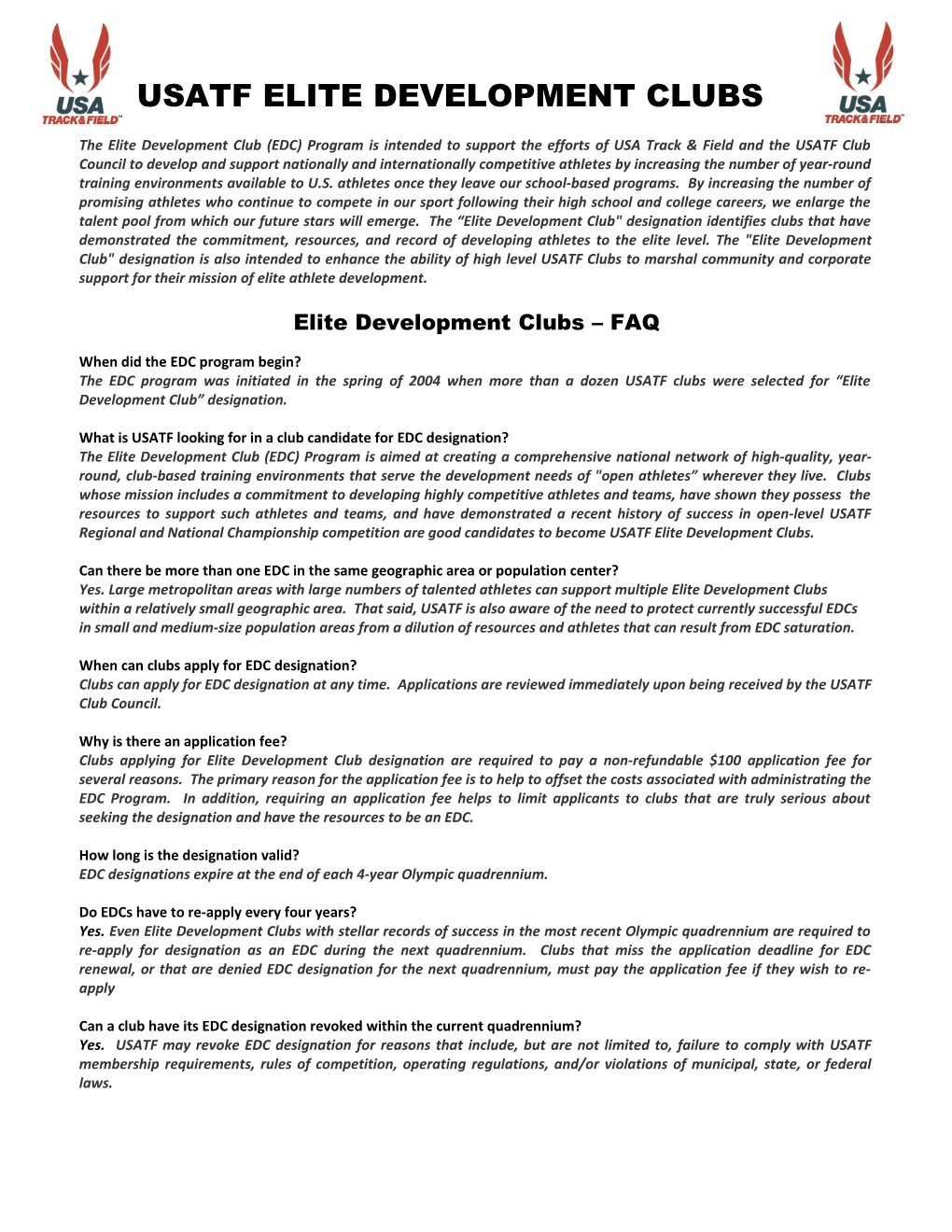 USATF Elite Development Club APPLICATION FORM