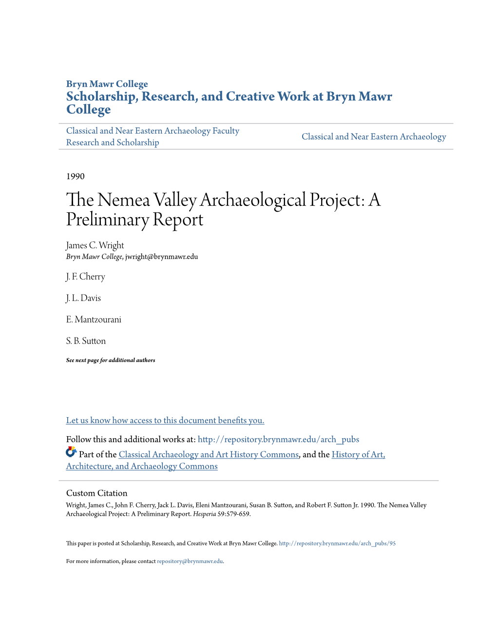 The Nemea Valley Archaeological Project a Preliminary Report