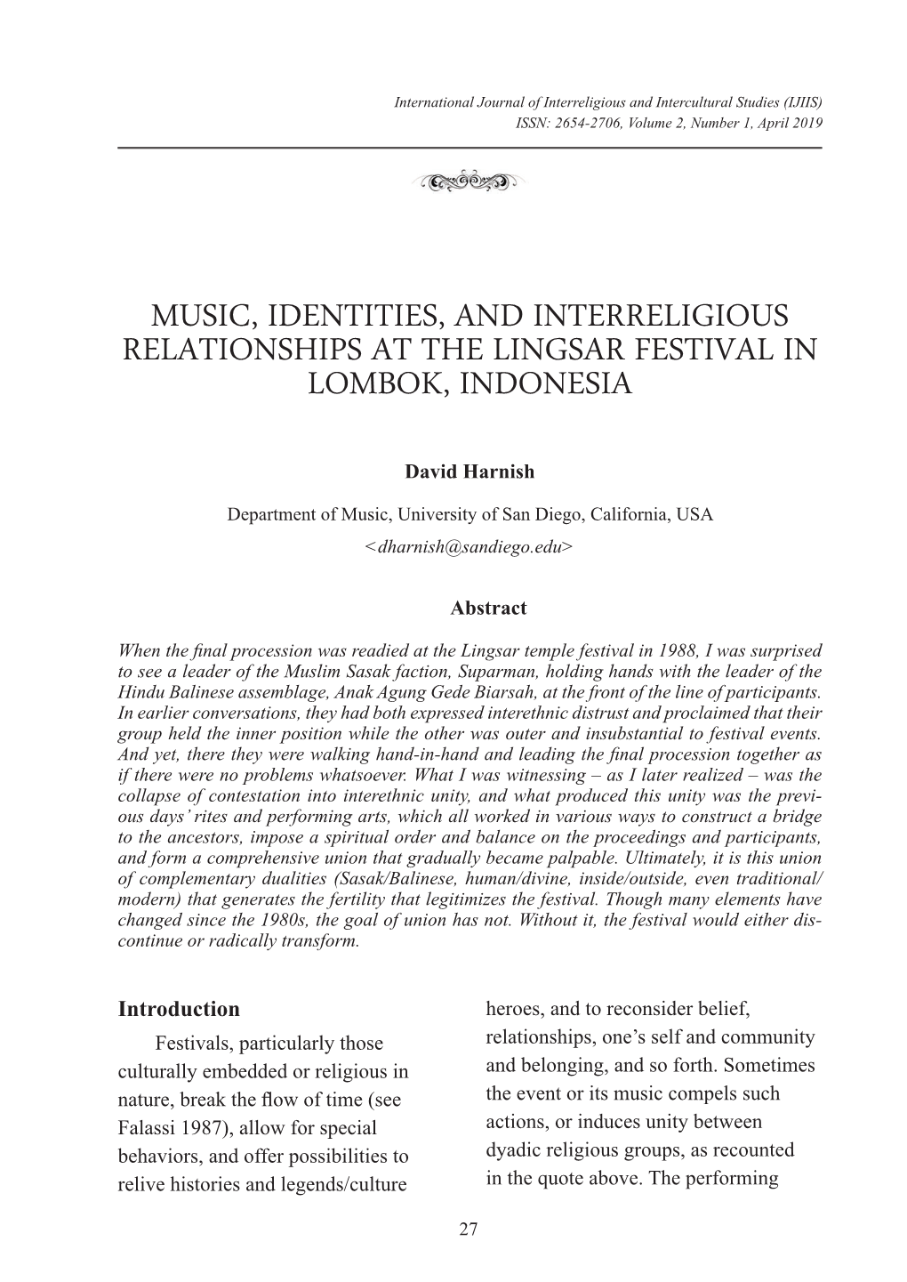 Music, Identities, and Interreligious Relationships at the Lingsar Festival in Lombok, Indonesia