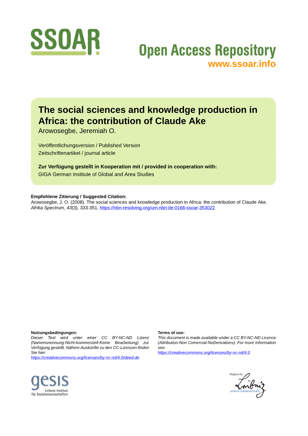 The Contribution of Claude Ake Arowosegbe, Jeremiah O