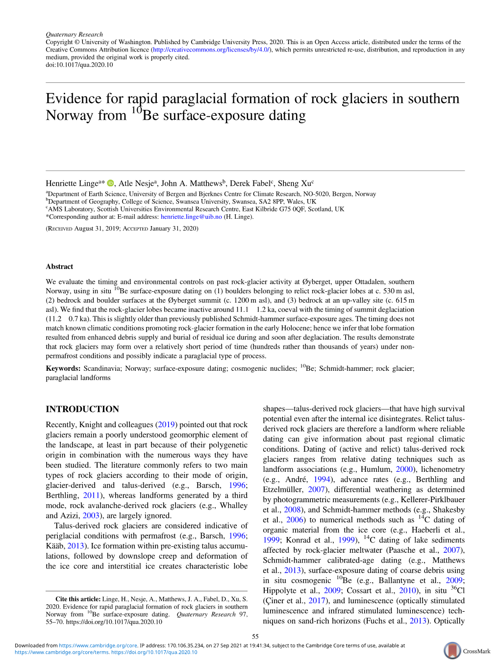 Evidence for Rapid Paraglacial Formation of Rock Glaciers in Southern Norway from 10Be Surface-Exposure Dating