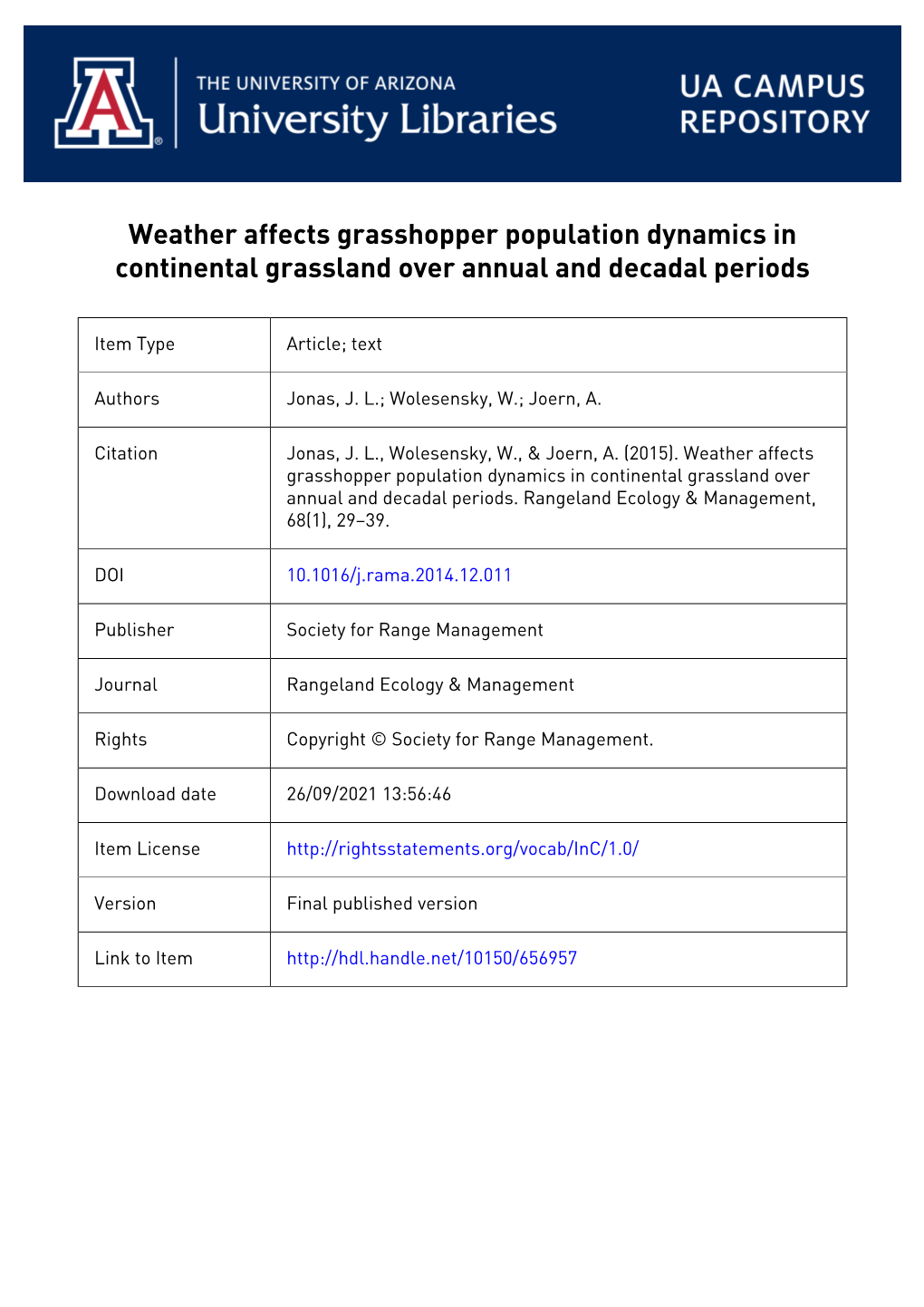 Weather Affects Grasshopper Population Dynamics in Continental Grassland Over Annual and Decadal Periods