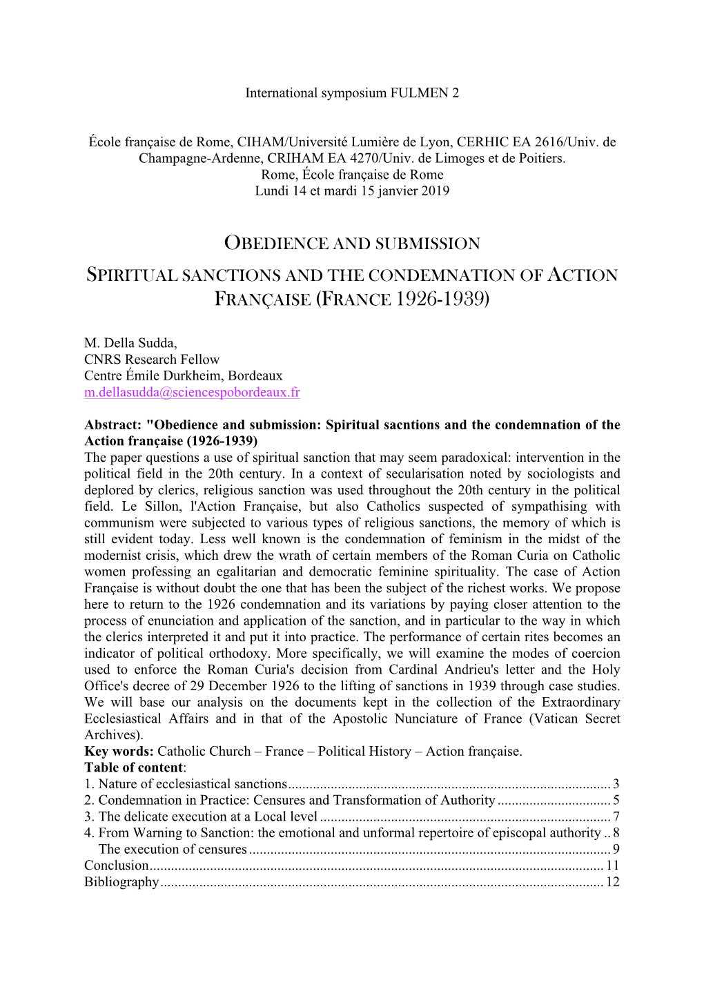 Obedience and Submission Spiritual Sanctions and the Condemnation of Action Française (France 1926-1939)