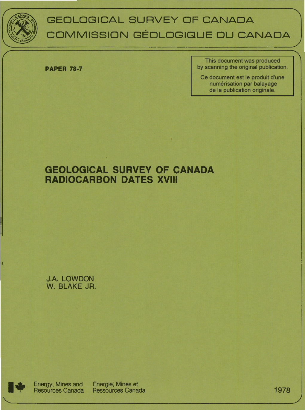 GEOLOGICAL SURVEY of CANADA RADIOCARBON DATES Xvlll